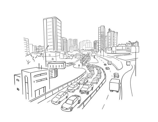 Rua, vista da estrada. Esboço da cidade. Engarrafamento. Auto-estrada, transporte. Arquitetura de construção paisagem panorama. Linha preta desenhada à mão. — Vetor de Stock