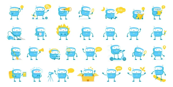 Kleine blauwe Robot mascotte karakter grote set. Alle taken. Leuke Robot stickers. Cartoon platte vector illustraties. Kunstmatige intelligentie. Ondersteuning service-centrum. Chat bot. — Stockvector