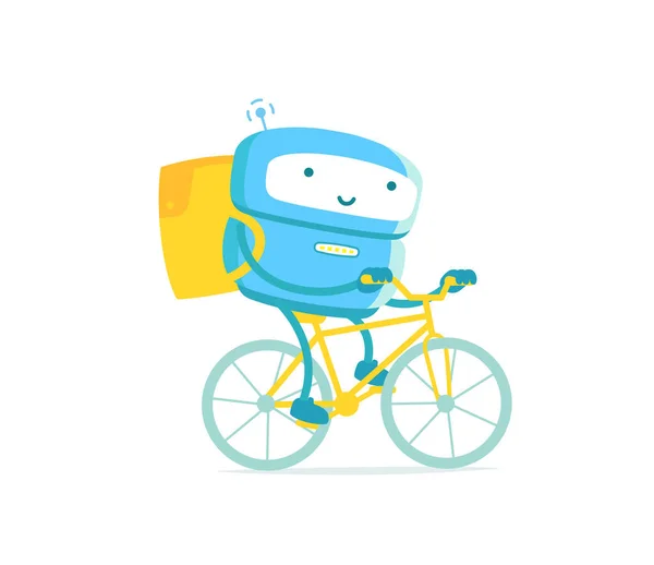 Un mensajero robot. Servicio de entrega. En bicicleta. Mascota. Pizza y comida rápida a domicilio. Con una mochila. Ilustración vectorial. — Vector de stock