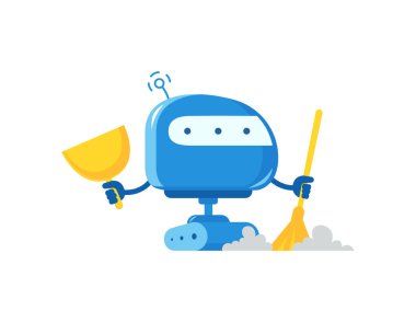 Süpürgesi ve temizleyicisi olan robot. Ev işi temizlik servisi. Yapay Zeka. Vektör illüstrasyonu.