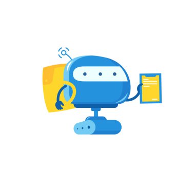 Robot kurye. Teslimat servisi. Sırt çantasıyla. Vektör illüstrasyonu.