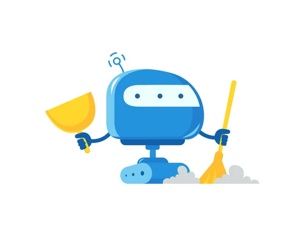 Robot con escoba y limpiador de cucharas. Servicio de limpieza de la casa. Inteligencia artificial. Ilustración vectorial. — Vector de stock