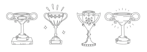 Bekerset. Eerste plaats. Prijsvraag trofee. Sportprestaties. Bewerkbare beroerte. Schets contour zwarte lijn. Handgetekende vector. — Stockvector