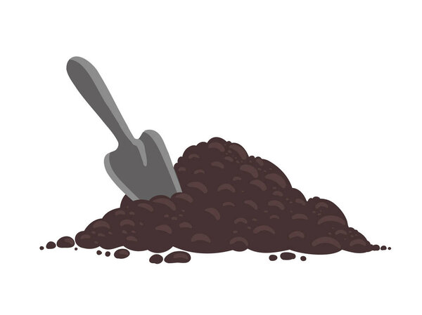 Soil for growing plants. With scoop. Pile of ground, heap of soil. For agricultural. Vector illustration.