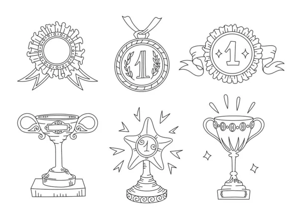 First place, top achievement. Awards cups and medals. Icon set. Hand-drawn sketch. Outline contour line. Open paths. Editable stroke. Royalty Free Stock Illustrations