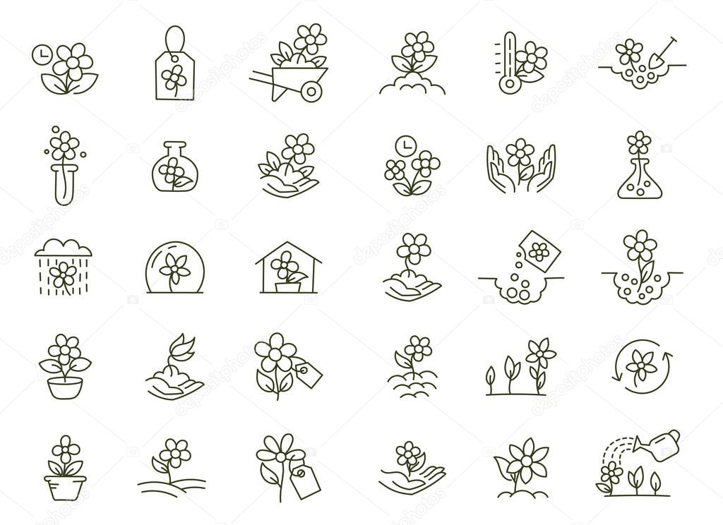Set of icons. Growing flowers. Seedling shoots. Agriculture and gardener. Biotechnology floret plants. Sowing seeds. Vector contour line. Open paths. Editable stroke.