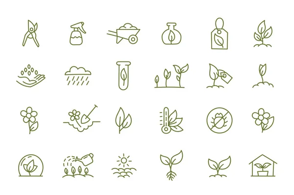 Agriculture et jardinier. Ensemble d'icônes. Horticulteur plante de plus en plus et de soins. Comment grandir. Semer des graines. Vecteur plat. Voies ouvertes. Course modifiable. — Image vectorielle