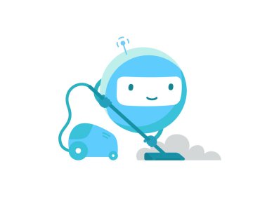 Elektrikli süpürgesi olan yuvarlak robot. Ev işi temizlik servisi. Vektör illüstrasyonu.