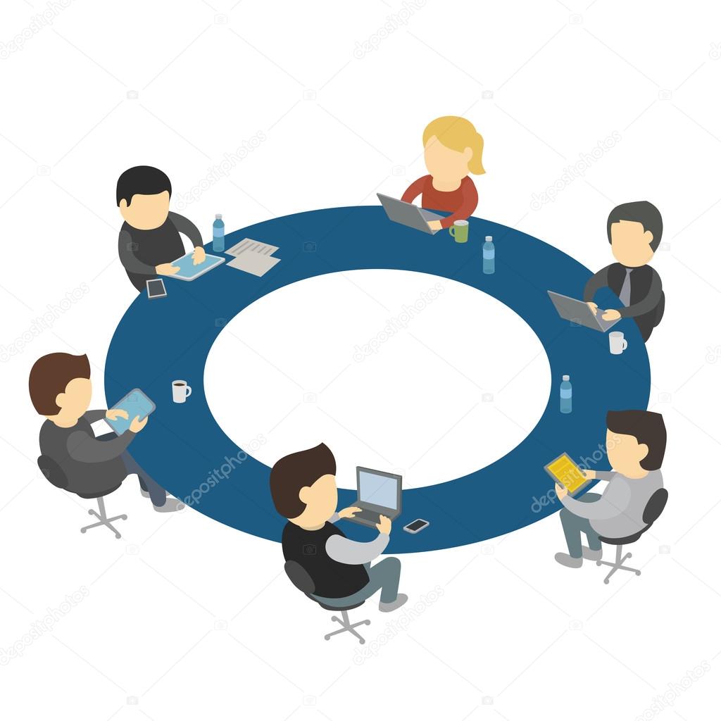 Zes Cartoon Mensenwerk Ronde Tafel Zitten Stockvector C Ilyakalinin