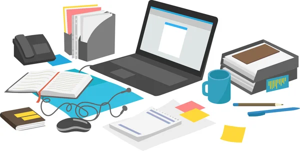 Bureau avec ordinateur portable et carnet de notes — Image vectorielle