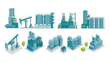 Set of isometric end 2D factory illustration oil production