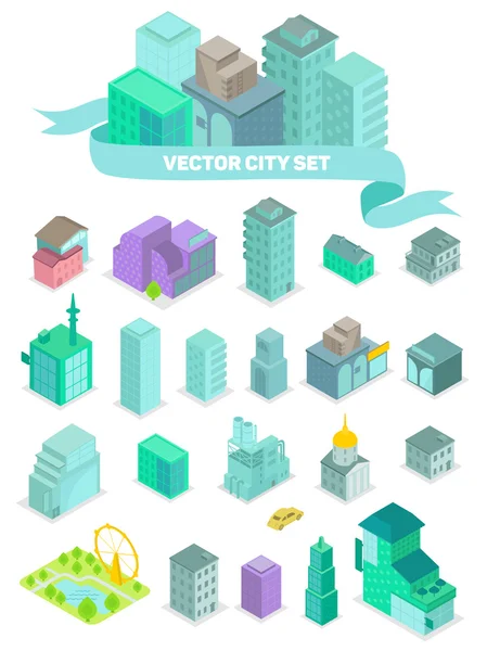 Sada izometrické městské budovy, obchody, park, obchodní centrum, prvky — Stockový vektor