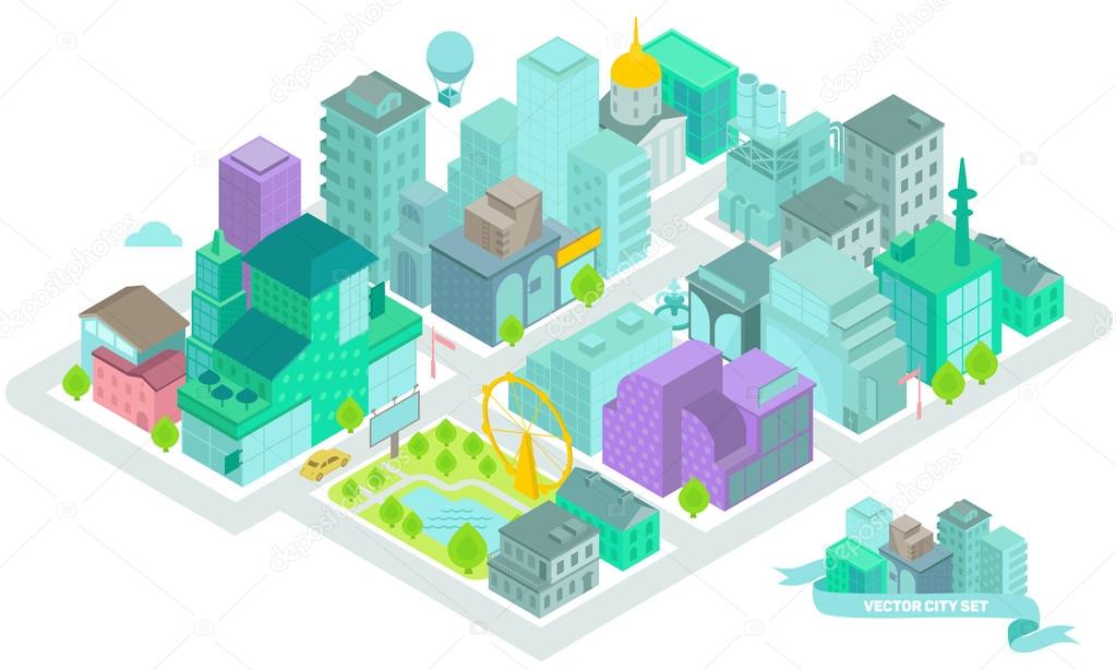 Set of the isometric city buildings, shops, park, business center, elements
