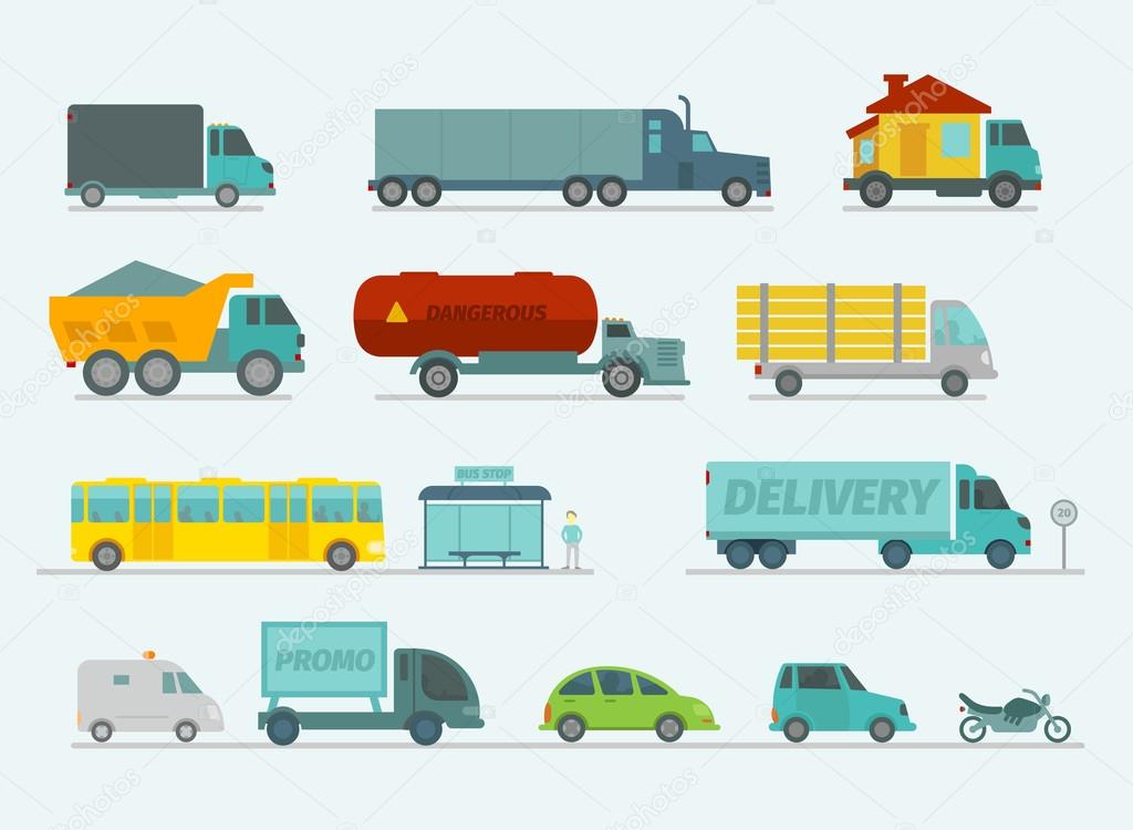 Transportation set. Trucks end bus, passenger cars.