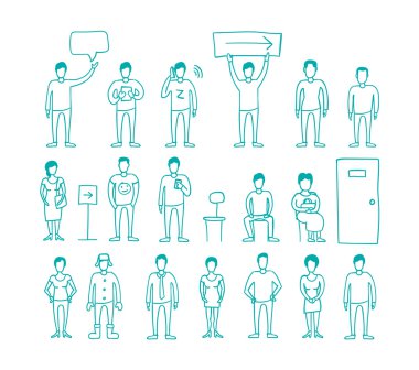 People vector set drawing hand standing and waiting in line. clipart