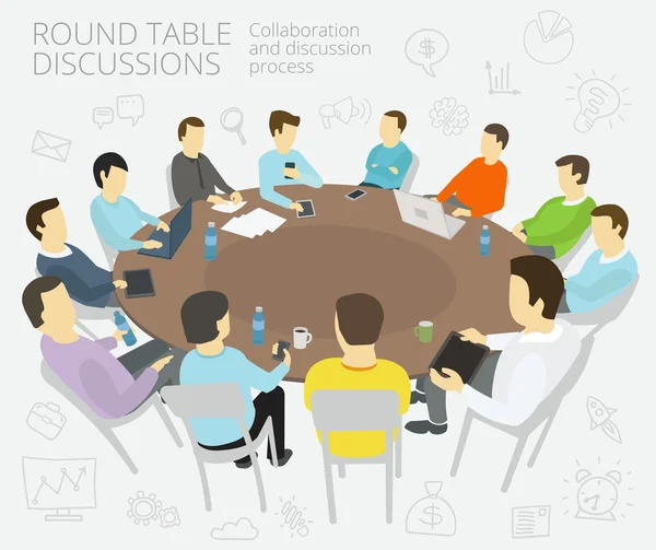 Round-table talks. Group of business people team having a meeting, conference — Stock Vector