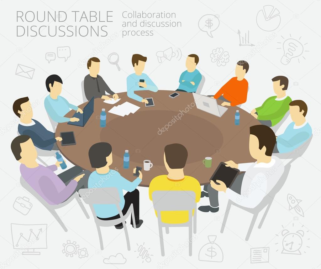 Round-table talks. Group of business people team having a meeting, conference