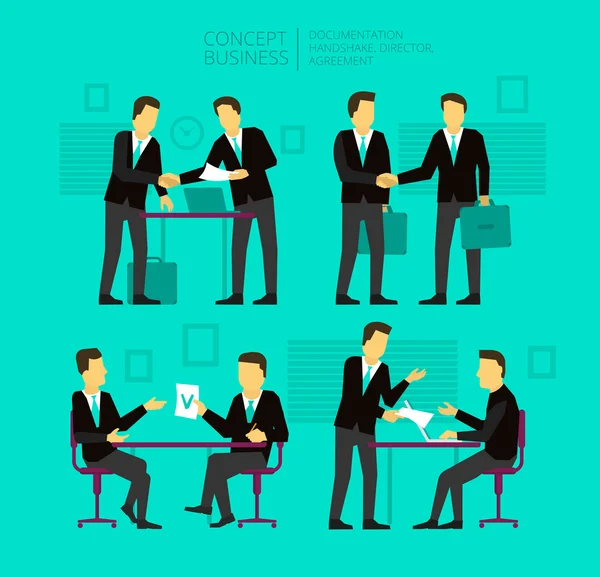 Two businessman negotiate and sign a paper. Shake hands, greeted by, agree. — Stock Vector