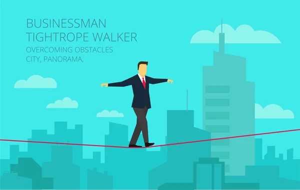 Vector businessman walking tightrope against the background panorama city. — Stock Vector