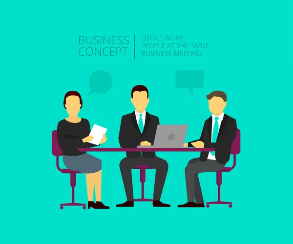 Two men and woman at the desk. Business meeting. Addressing. — Stock Vector