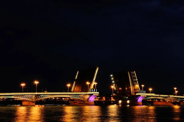 Vista da Fortaleza de Pedro e Paulo, fonte à base de água, fogos de artifício e ponte de estoque aberta à noite. São Petersburgo, Rússia. — Fotografia de Stock