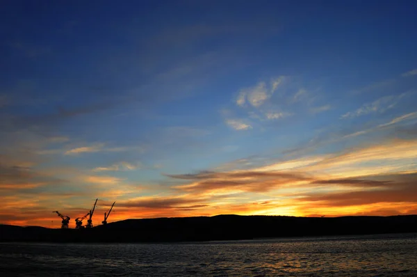 Coucher Soleil Sur Baie Kola Avec Vue Sur Les Grues — Photo