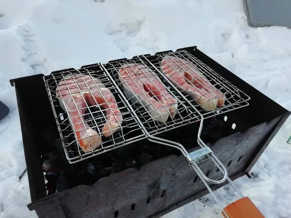 Red Fish Fried Wire Rack Trout Steaks Nature Winter Delicious — Stok fotoğraf