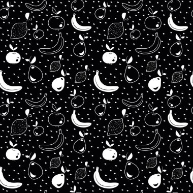 Seamless background with fruits in black and white colors. Suitable for decorating fabrics, clothing, packaging, notebooks. The pattern is made of apple, banana, lemon and pear.