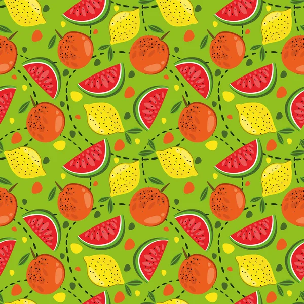 Seamless fruit pattern, on a light green background with figures. Suitable for decorating clothes, fabrics, packaging, notebooks. Watermelons, lemons, oranges, bright, fresh fruits seasonal background flat style.