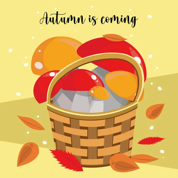 Autumn is coming. Autumn illustration, mushrooms in a basket and autumn bright leaves on a warm background. Red and porcini mushrooms in a basket. Beautiful autumn picture for decoration. — Zdjęcie stockowe