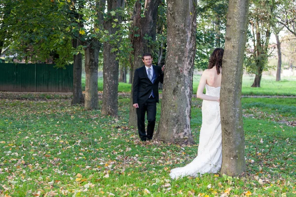 Elegante bruid en bruidegom poseren samen buitenshuis — Stockfoto