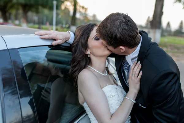 Elegantní nevěsta a ženich pózuje spolu venku — Stock fotografie