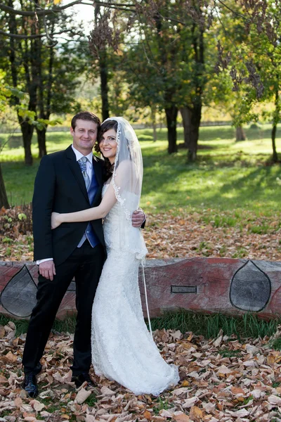 Elegant bride and groom posing together outdoors — Stock Photo, Image