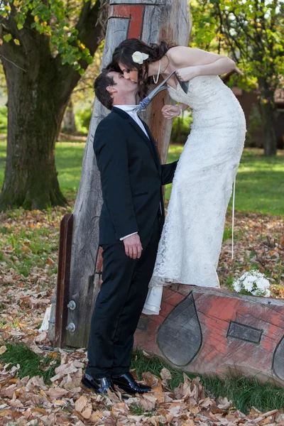 Noiva elegante e noivo posando juntos ao ar livre — Fotografia de Stock
