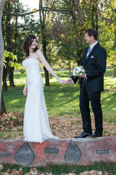 Elegante bruid en bruidegom poseren samen buitenshuis — Stockfoto