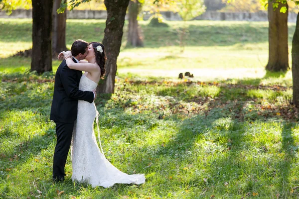 Noiva elegante e noivo posando juntos ao ar livre — Fotografia de Stock