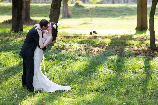 Elegante novia y novio posando juntos al aire libre — Foto de Stock