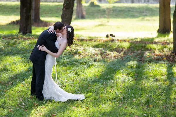 Elegante bruid en bruidegom poseren samen buitenshuis — Stockfoto