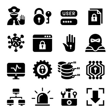 Ağ, bilgisayar, veri ve internet güvenlik Icon set