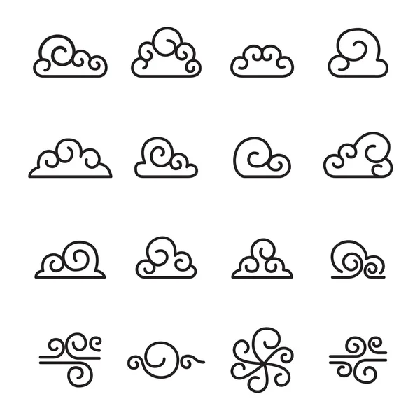 Nube abstracta, Nube china, Conjunto de iconos de nube de rizos — Archivo Imágenes Vectoriales