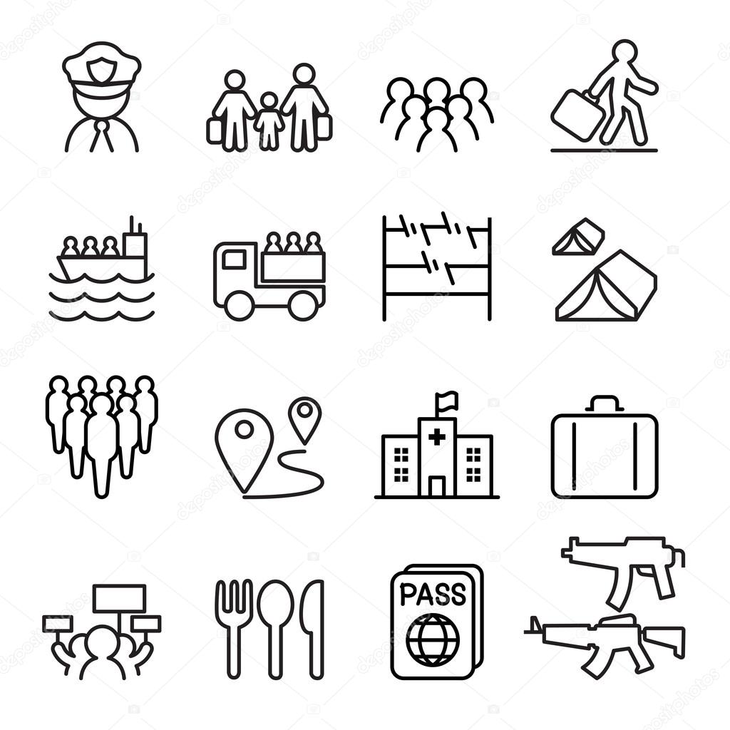 Refugee & immigrant icons set in thin line style