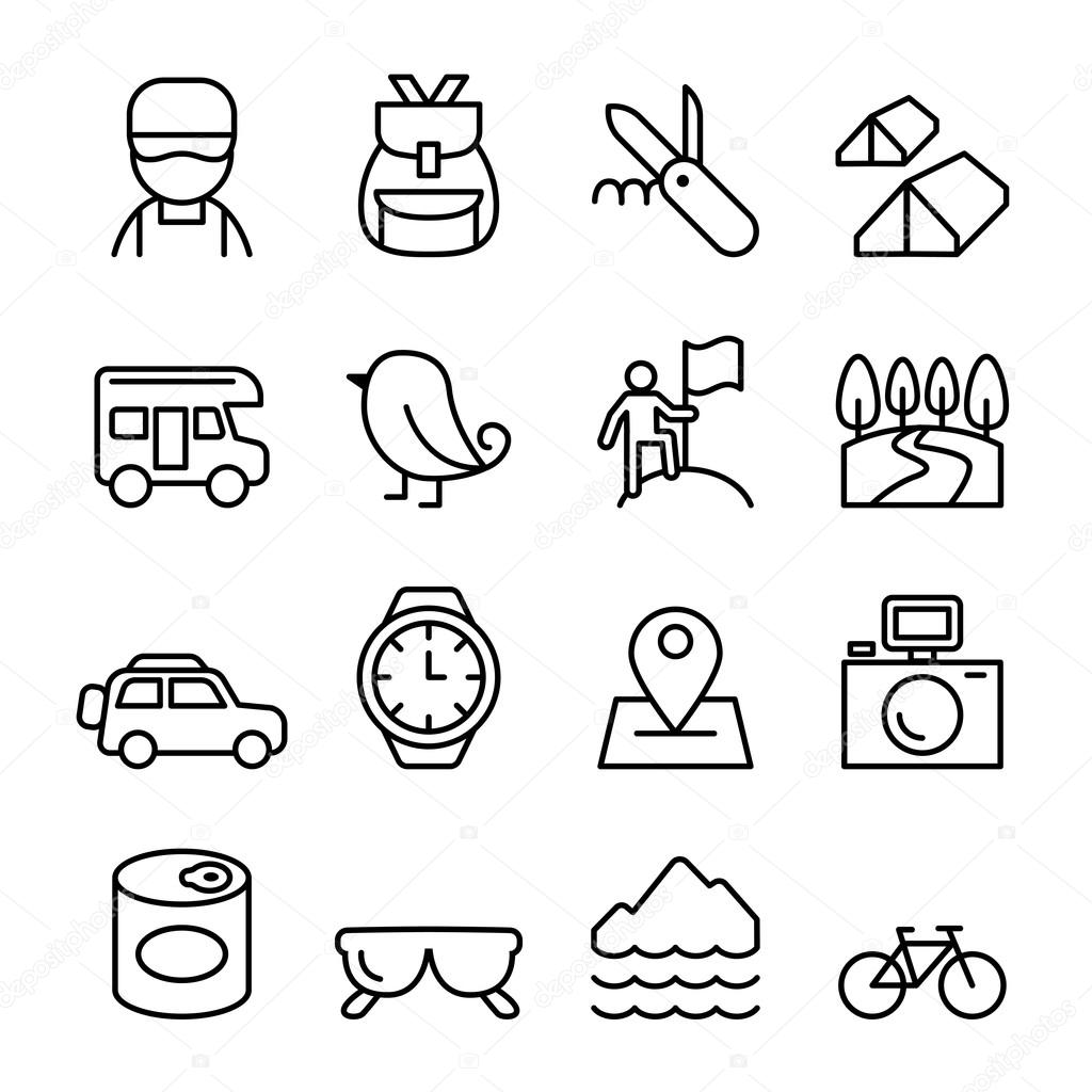 Adventure, Explorer, Discovery, Camping, Traveler, Tourism icon set in thin line style
