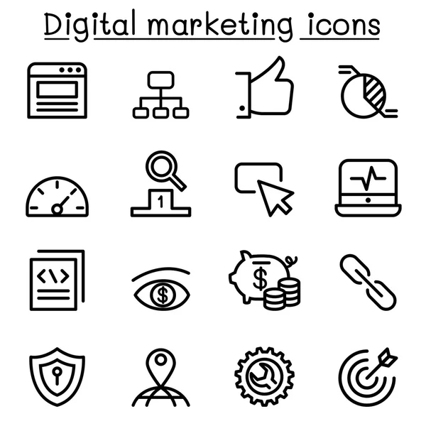 Digitale marketing & Seo pictogrammenset in dunne lijnstijl — Stockvector