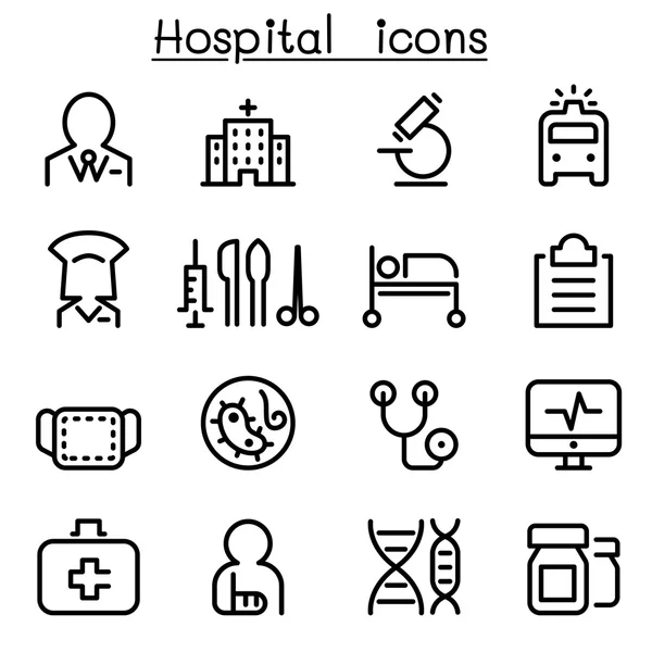 İnce çizgi stilinde hastane ve tıp Icon set — Stok Vektör