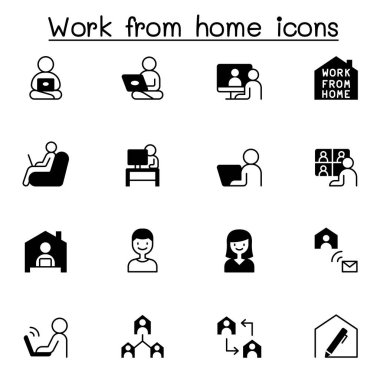 Ev ikonlarından çalışma seti. iş adamları, video konferansı, çevrimiçi toplantı, iş adamları, serbest çalışma, evde kalma kampanyası ve daha fazlası gibi simgeleri içerir.