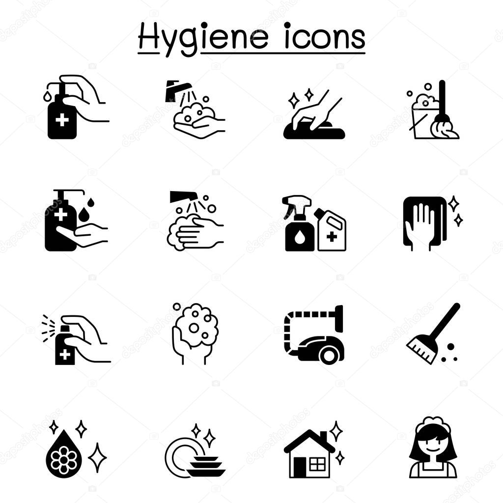 Set of Hygiene related vector icons. contains such Icons as Hand washing, cleaning, healthcare,  soap, wipe, sanitary, broom, and more.