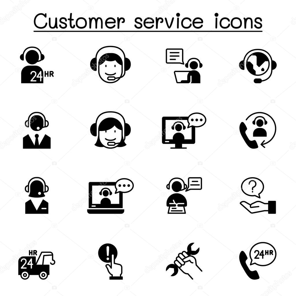 Set of Customer service related vector line icons. contains such Icons as support, call center, headset, operator, solve problem, helping and more.