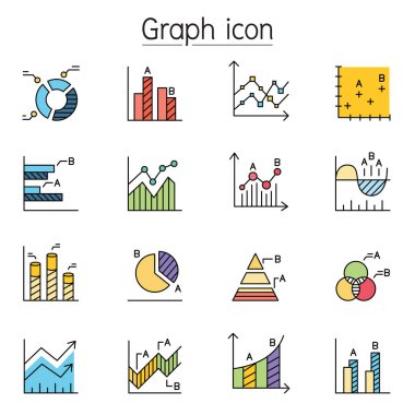 Grafik, Grafik, Diyagram, Veri, Infographic simge kümesi ana hatlar biçimi. Renkli Doğrusal Ayarlama Vektör Satırı Simgesi