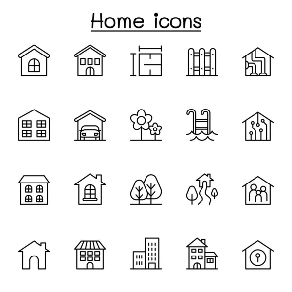 Inicio Icono Conjunto Estilo Línea Delgada — Archivo Imágenes Vectoriales