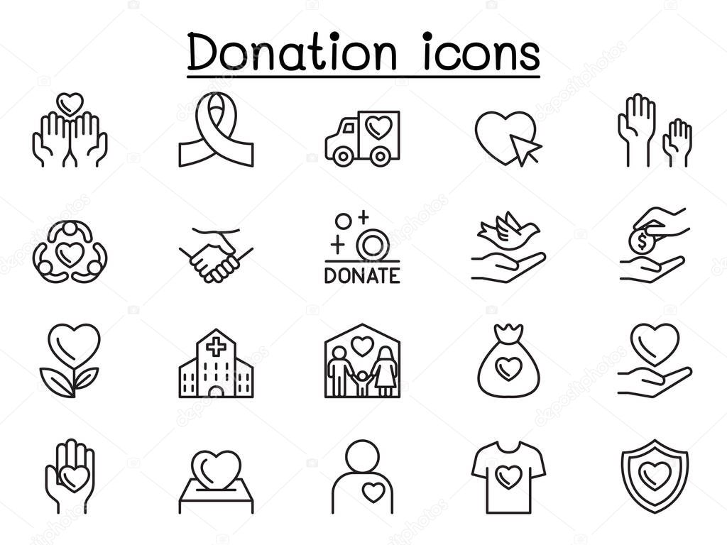 Charity & Donation icons set in thin line style